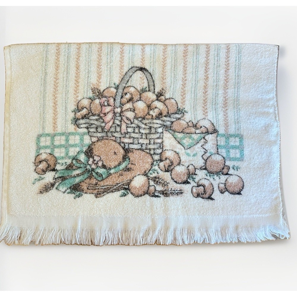 Vtg 70s Mushroom Basket Terry Kitchen Hand Towel Fringed Cottagecore Retro